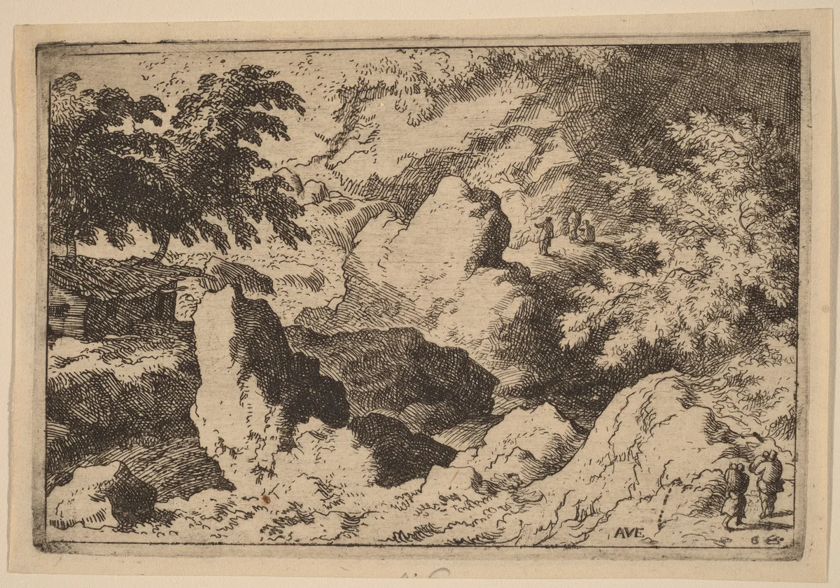 Three Men on a Rock by Allart van Everdingen, print, 1645-1656
