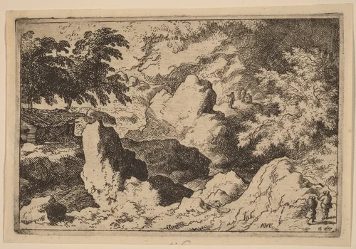 Three Men on a Rock by Allart van Everdingen, print, 1645-1656