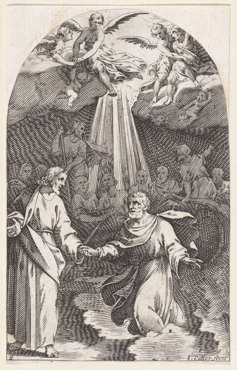 Christ Walking on Water, Holding the Hand of St. Peter (First Composition), plate 8 from "Les Tableaux de Rome, Les Eglises Jubilaires" (The Paintings of Rome, The Churches Jubilee) by Jacques Callot, print, 1607-1611
