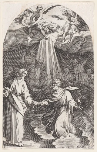 Christ Walking on Water, Holding the Hand of St. Peter (First Composition), plate 8 from "Les Tableaux de Rome, Les Eglises Jubilaires" (The Paintings of Rome, The Churches Jubilee) by Jacques Callot, print, 1607-1611
