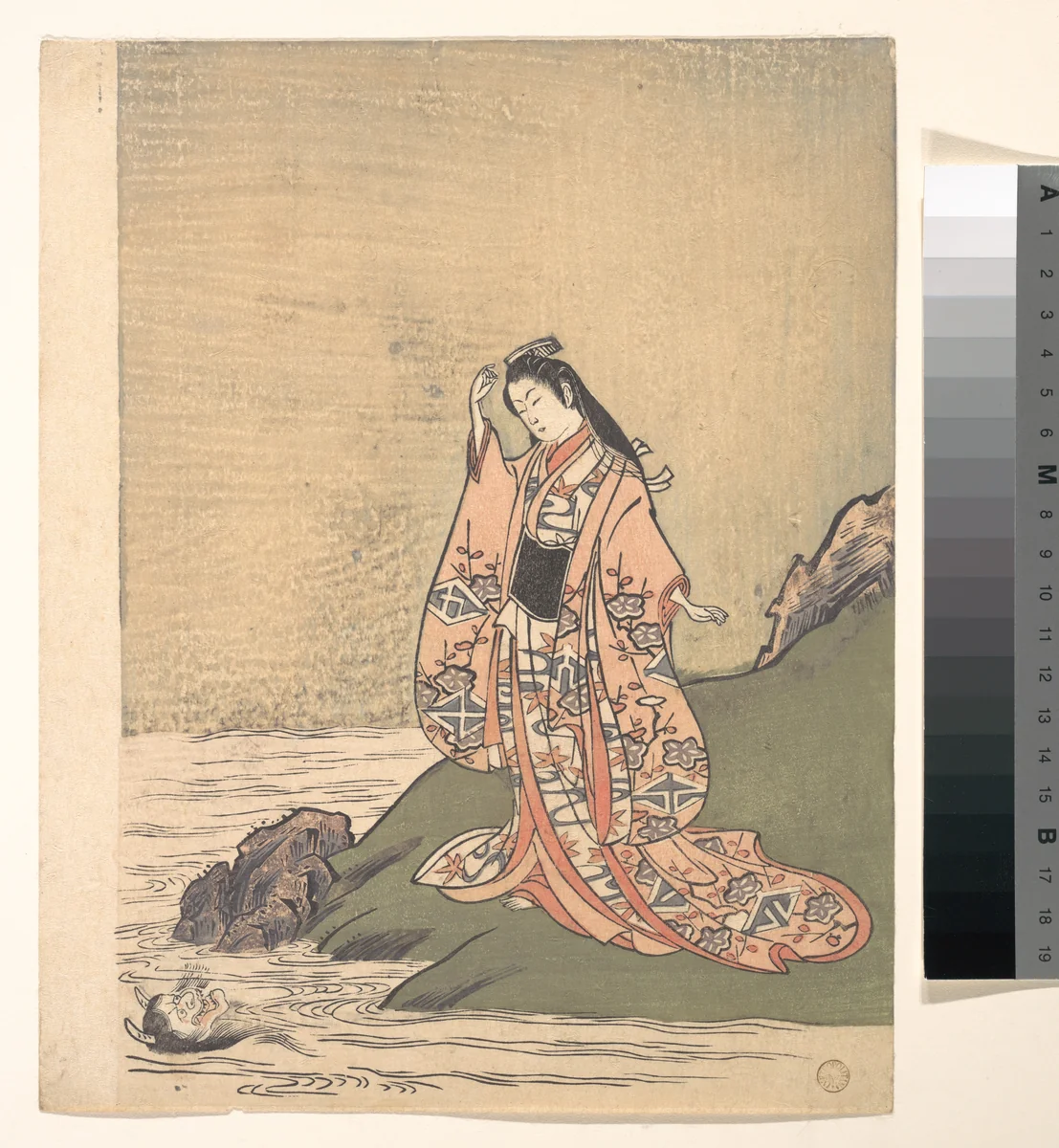 A Girl on the Edge of a Stream Sees a Demon's Head in the Water by Komatsuken Shoshoken, print, 1710-1792