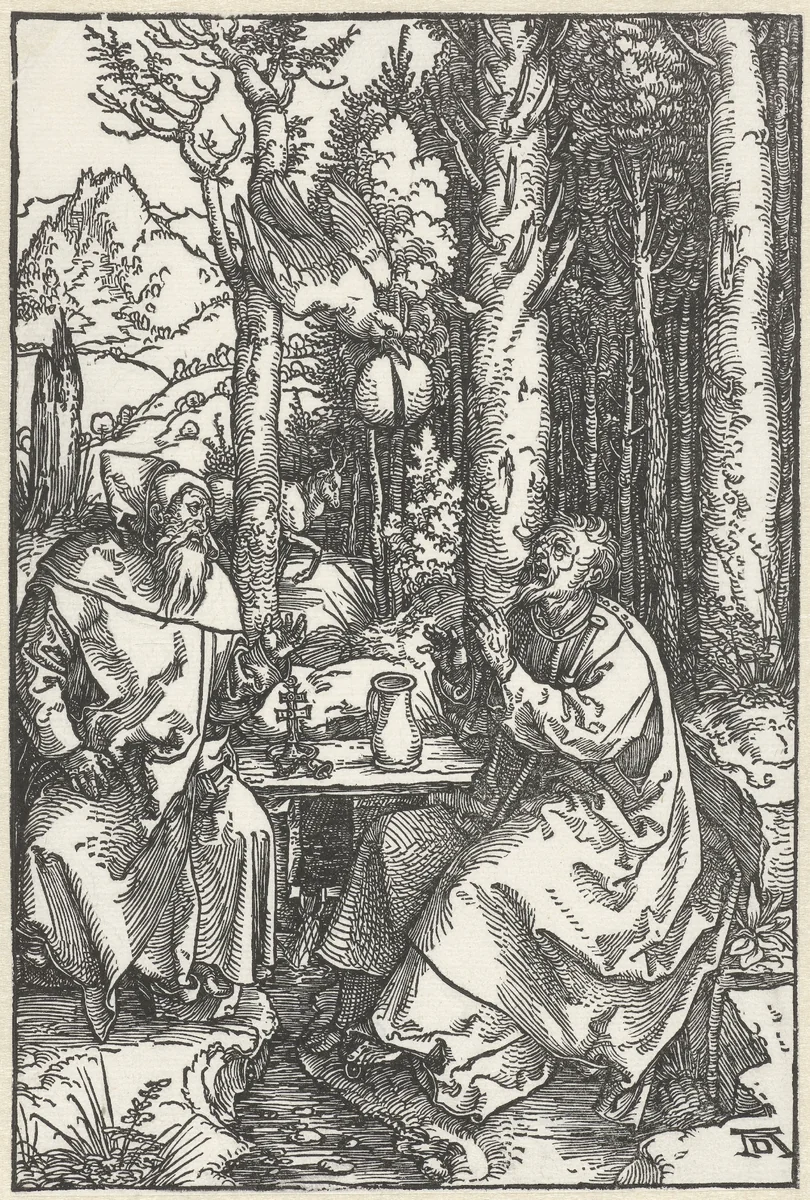 De Heilige Antonius bezoekt Paulus de Kluizenaar in de wildernis by Unknown, print, 1503-1504