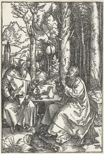 De Heilige Antonius bezoekt Paulus de Kluizenaar in de wildernis by Unknown, print, 1503-1504