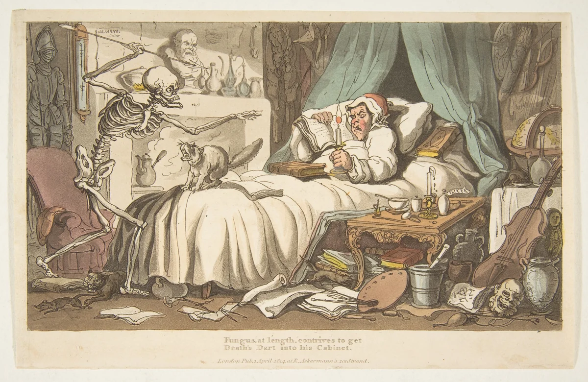 The Antiquary's Last Will and Testament (The English Dance of Death, plate 2) by Thomas Rowlandson, print, 1814