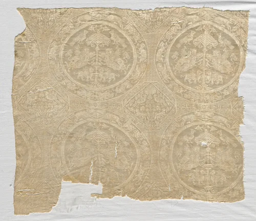 Fragment with confronted animal medallions and kufic bands by Unknown, textile, 1480-1649