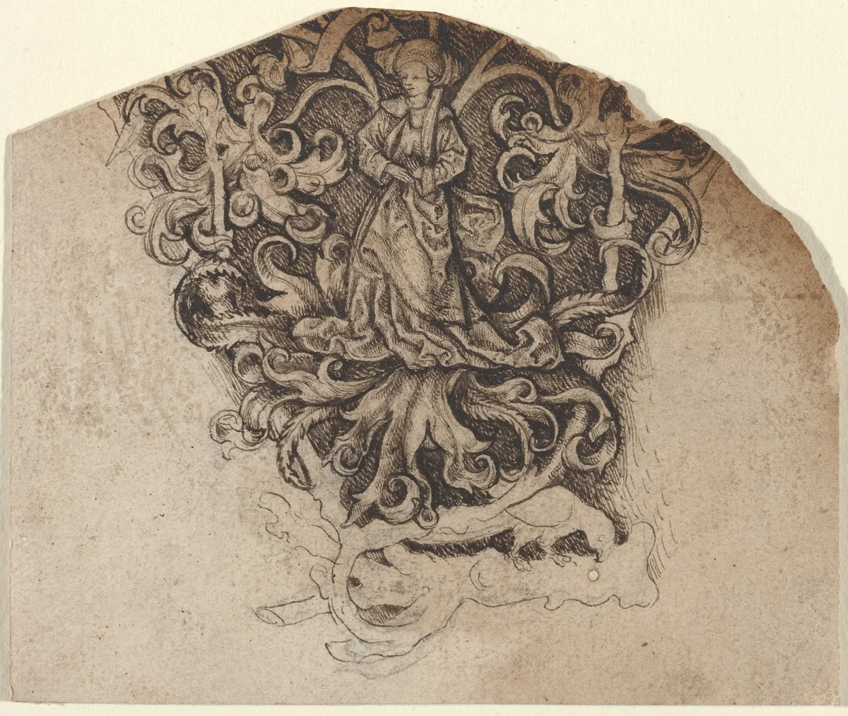 Gothic Ornament with a Lady and a Parrot by Master LCz, drawing, 1495