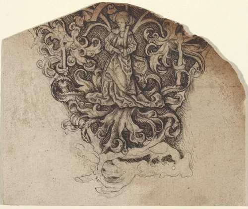 Gothic Ornament with a Lady and a Parrot by Master LCz, drawing, 1495