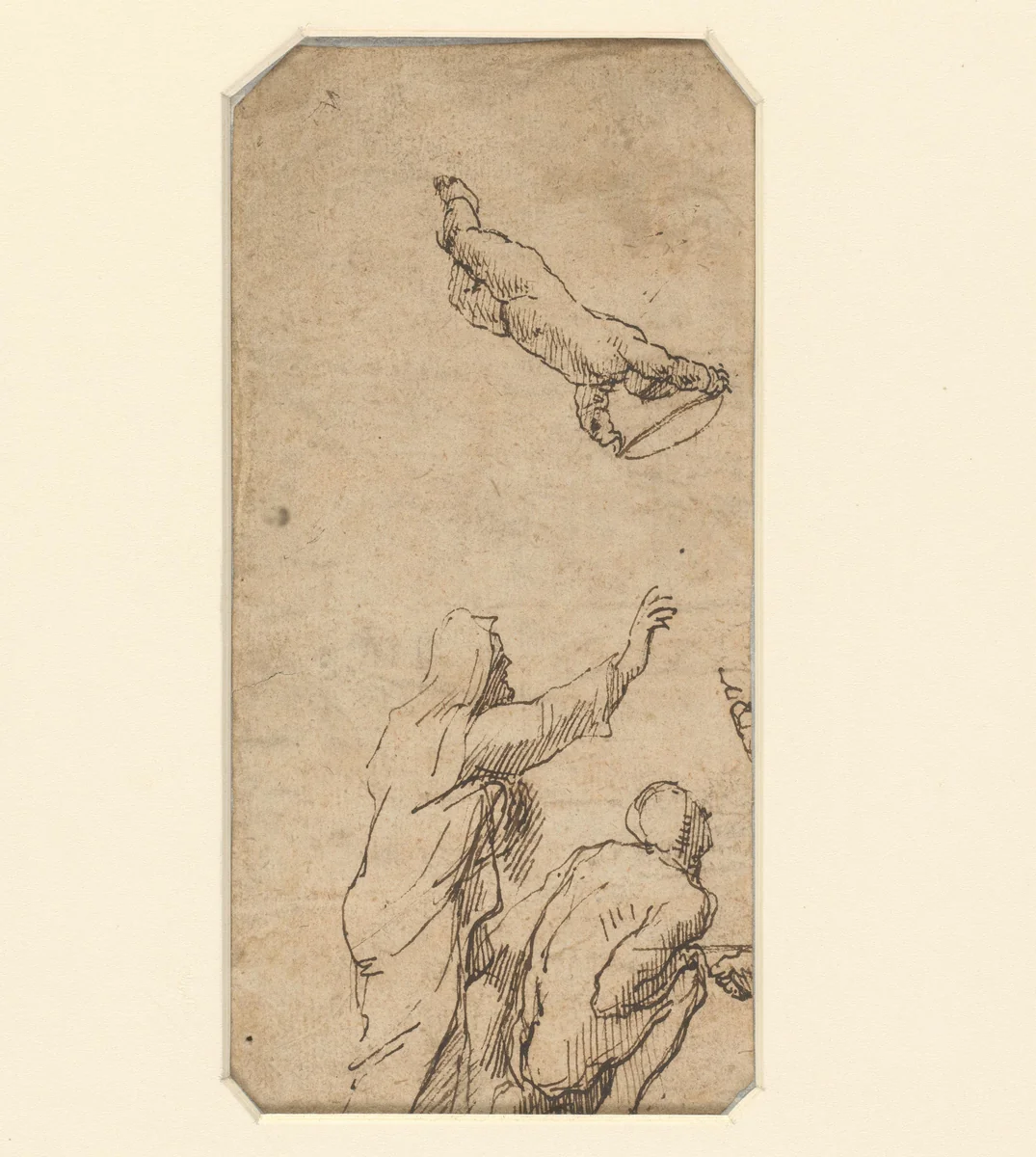Staande man, knielende man en een engel by Domenico Gargiulo, drawing, 1622-1679