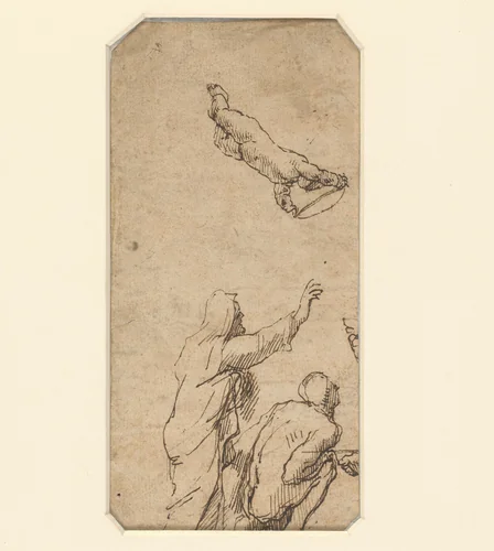 Staande man, knielende man en een engel by Domenico Gargiulo, drawing, 1622-1679