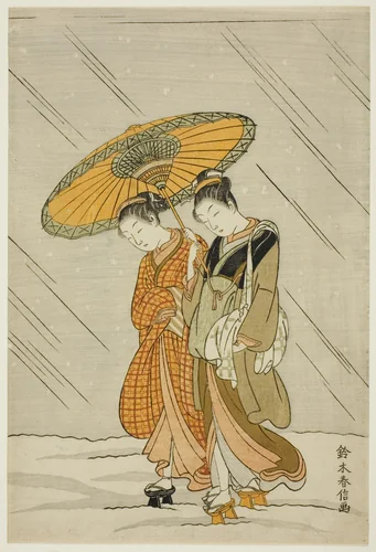 Snow on the Way Back from the Public Bath by Suzuki Harunobu (鈴木春信), print, 1761-1770