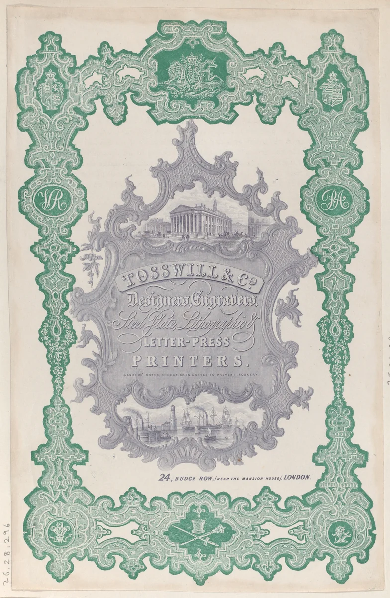 Trade Card for Tosswill & Co., Designers, Engravers, Steel Plate, Lithographic & Letterpress Printers by anonymous, print, 1800-1900