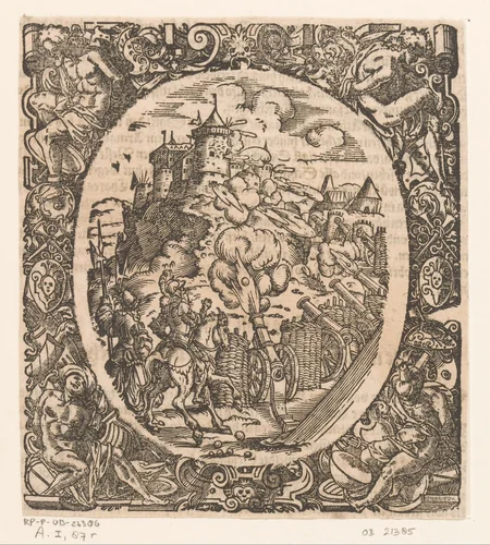 Beschieten van een kasteel op een heuvel by Jost Amman, print, 1573