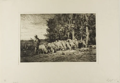 Flock of Sheep at the Edge of a Wood by Charles-Émile Jacque, print, 1877