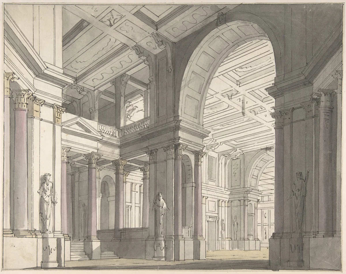 Design for a Stage set Showing the Interior of a Palace (recto); Architectural Sketch (verso) by Josef Platzer, drawing, 1765-1806