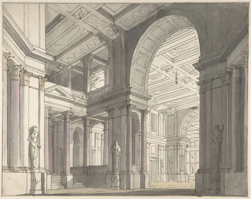 Design for a Stage set Showing the Interior of a Palace (recto); Architectural Sketch (verso) by Josef Platzer, drawing, 1765-1806