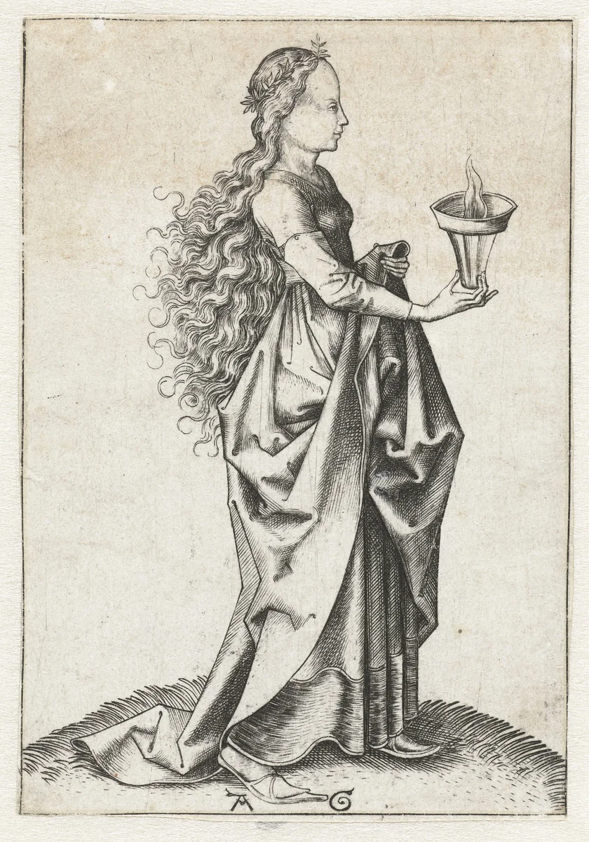 De vijfde wijze maagd by Unknown, print, 1475-1500