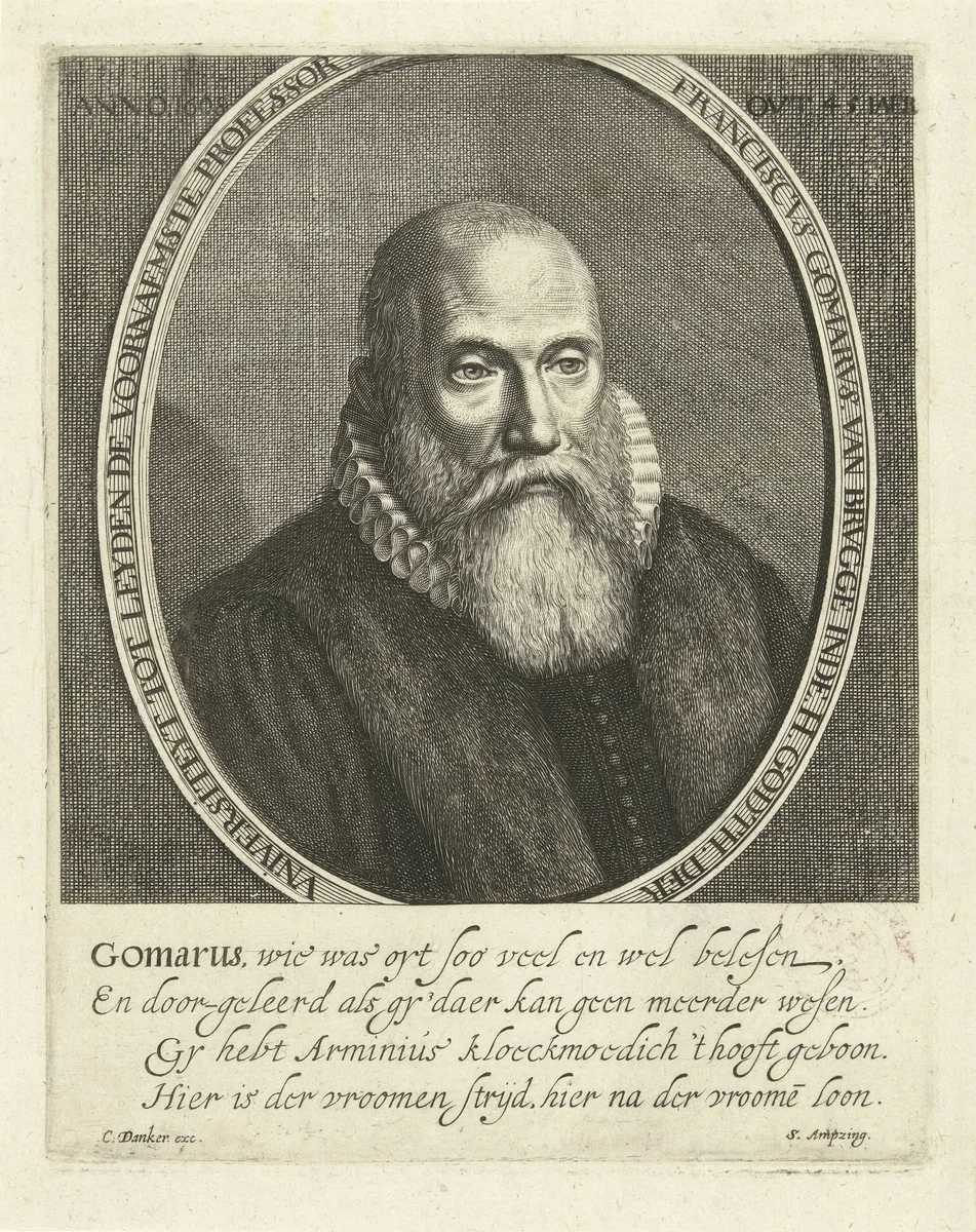 Portret van Franciscus Gomarus by Cornelis Koning, print, 1608