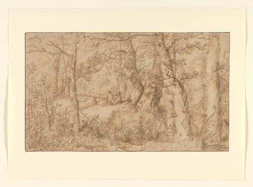 Bosgezicht met rustend paar by Jan Lievens, drawing, 1650-1669