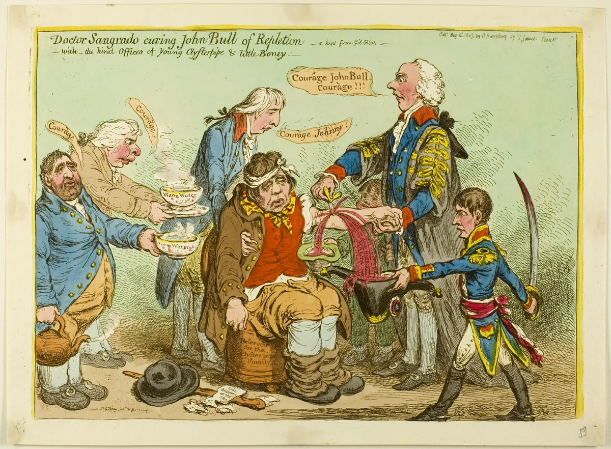 Doctor Sangrado Curing John Bull of Repletion-With the Kind of Offices of Young Clysterpipe & Little Boney by James Gillray, print, 1803