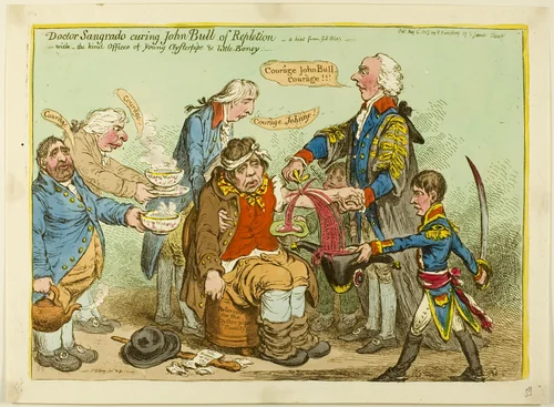 Doctor Sangrado Curing John Bull of Repletion-With the Kind of Offices of Young Clysterpipe & Little Boney by James Gillray, print, 1803