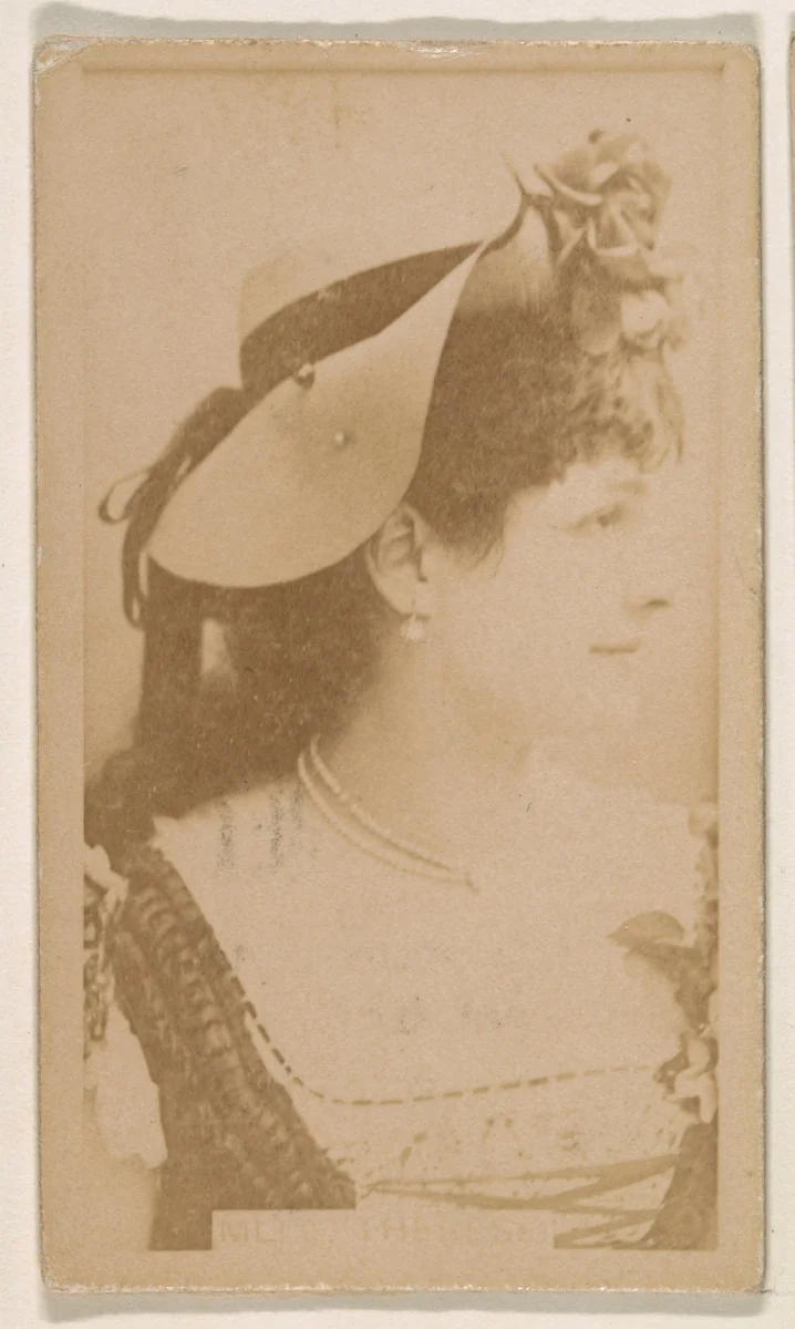 Actress in profile wearing hat with blossoms, from the Actresses series (N245) issued by Kinney Brothers to promote Sweet Caporal Cigarettes by Kinney Brothers Tobacco Company, photograph, 1890