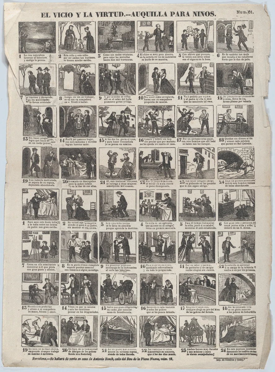 Broadside with 24 scenes relating to vice and virtue, lessons for children by Antonio Bosch, print, 1855-1865