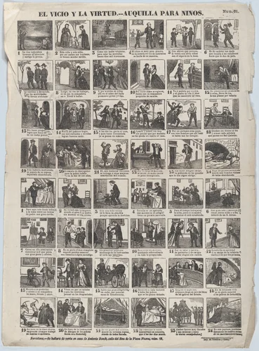 Broadside with 24 scenes relating to vice and virtue, lessons for children by Antonio Bosch, print, 1855-1865