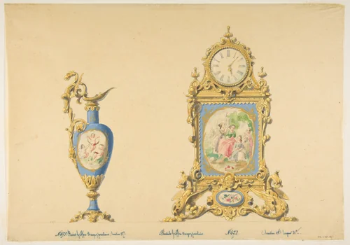 Designs for an Ewer and Clock by anonymous, drawing, 1800-1899