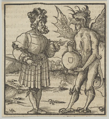 The Devil Offering Poison to a Knight, from Hymmelwagen auff dem, wer wol lebt... by Hans Schäufelein, print, 1517