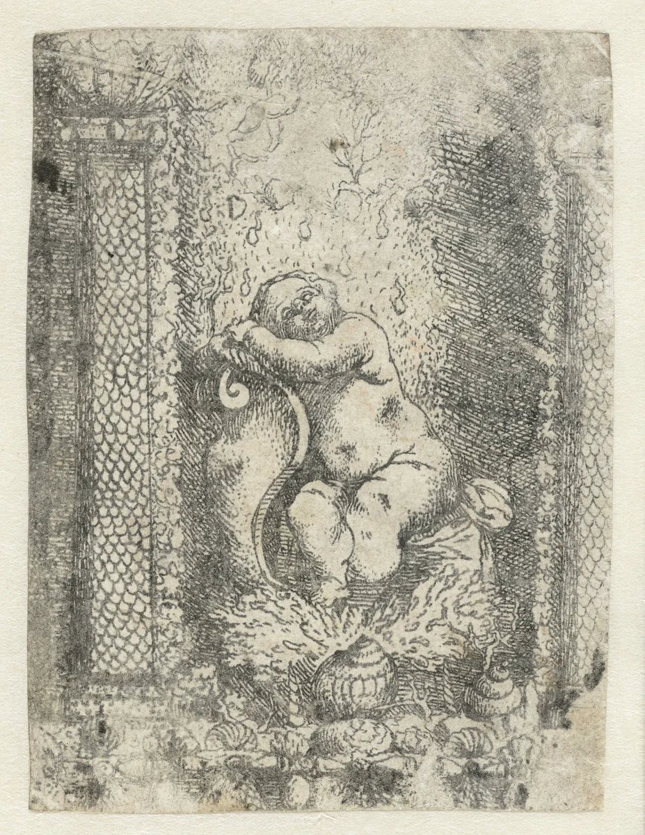 Slapende putto by anonymous, print, 1500-1525