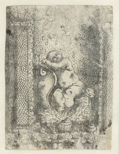 Slapende putto by anonymous, print, 1500-1525