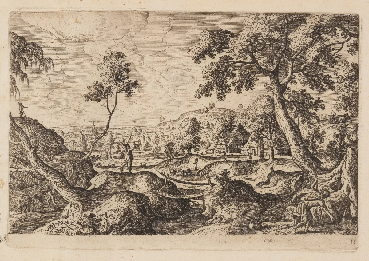 Plate 15, from Landscapes with Scenes from the Old and New Testament and Ovid’s Metamorphoses by Hans Bol, print, 1574
