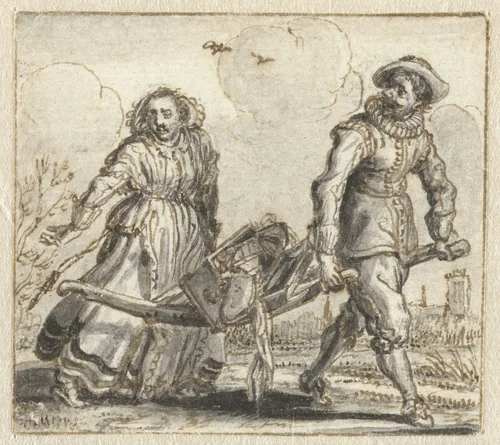 Man and Woman Carrying Household Goods on a Hand-barrow by Adriaen Pietersz van de Venne, drawing, 1634