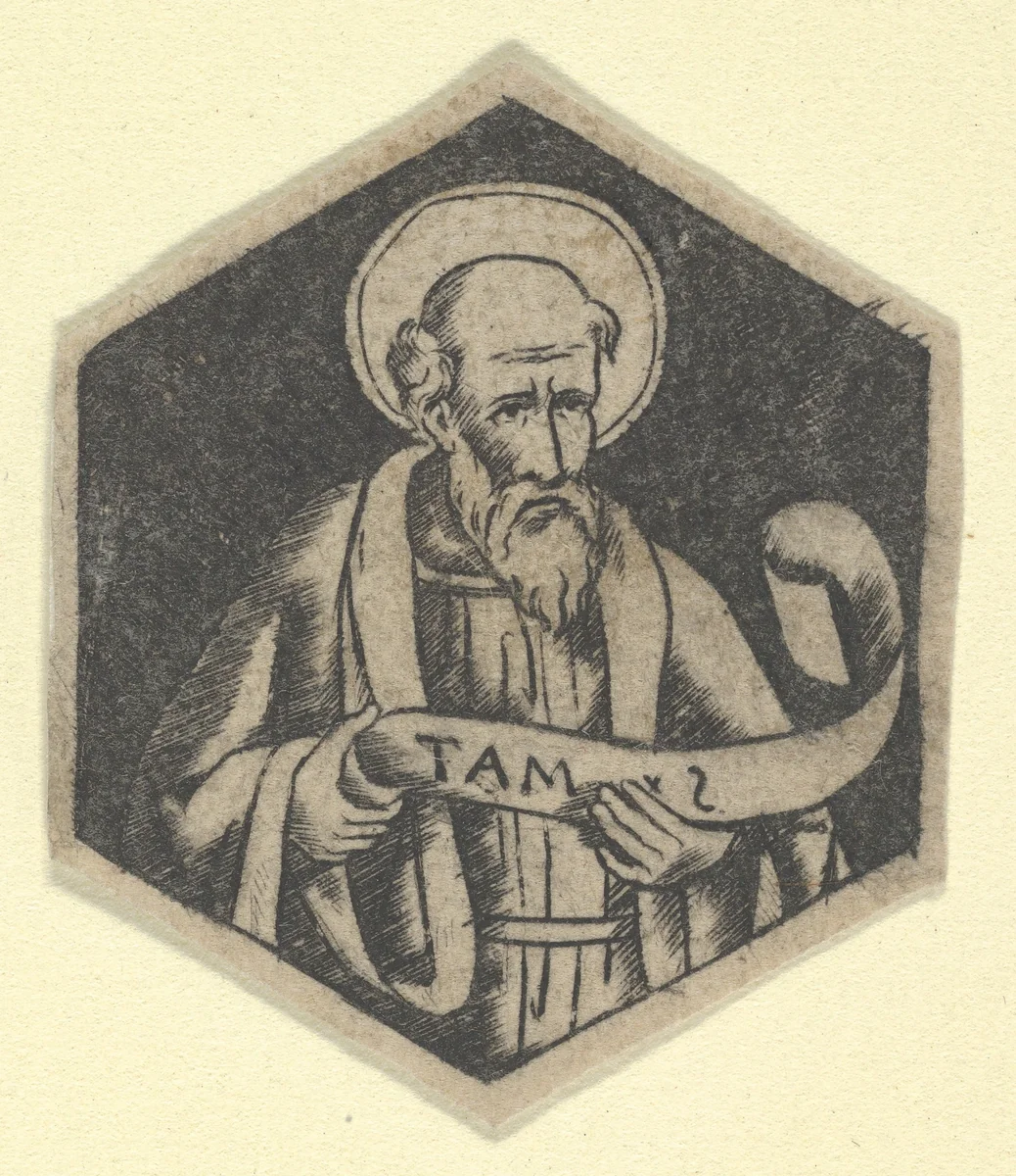 St Matthew the Evangelist, holding a banderole (possibly a modern impression) by anonymous, print, 1475-1485