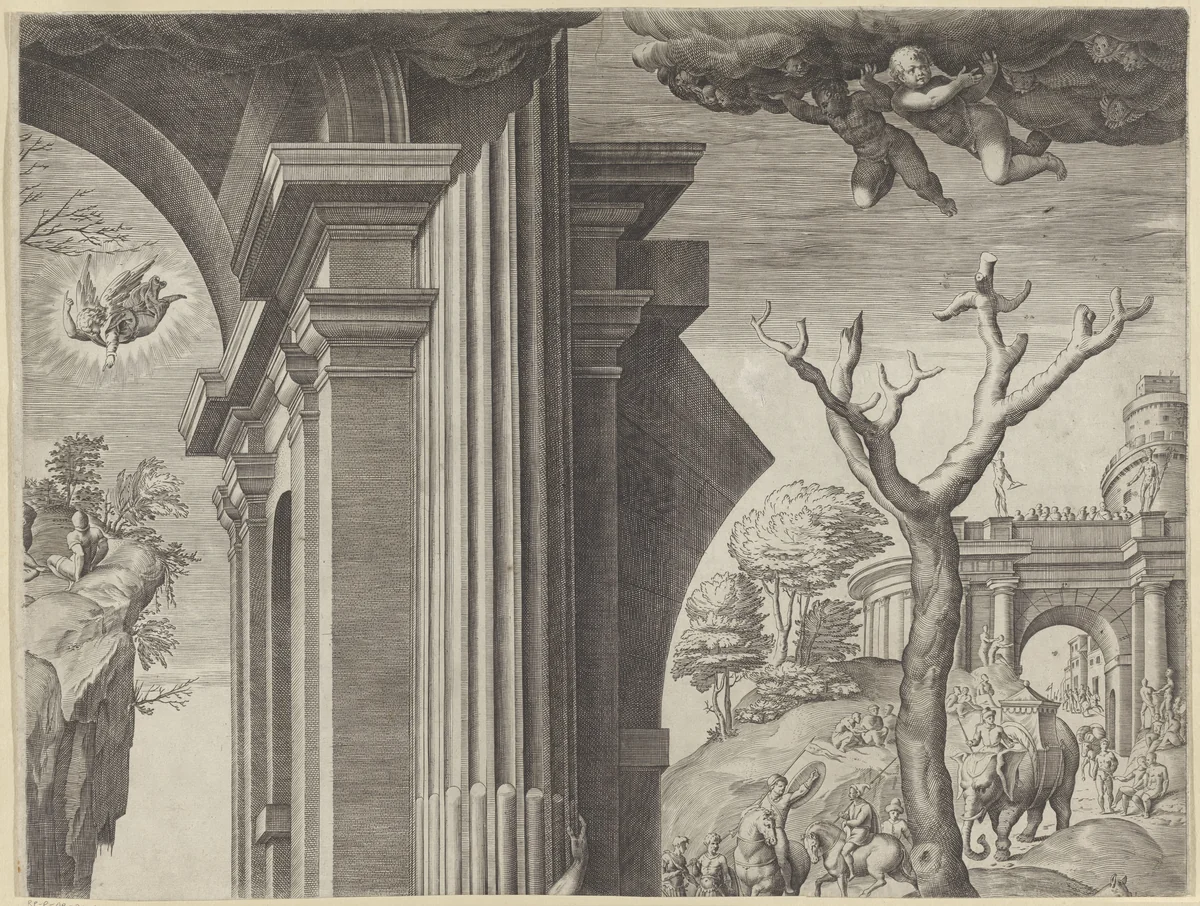 Aanbidding door de koningen (deel rechtsboven) by Unknown, print, 1567-1602