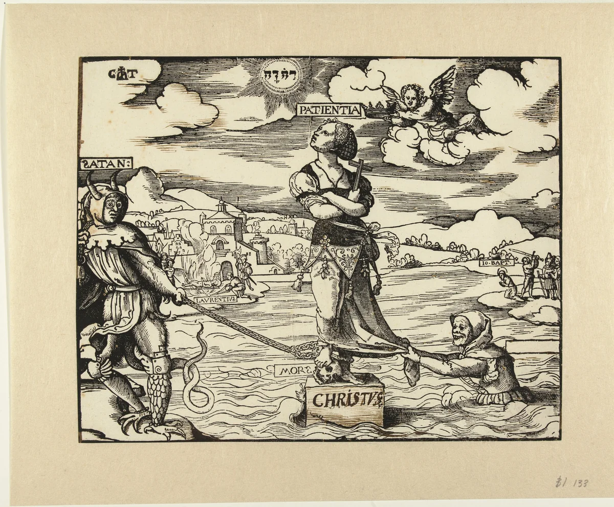 Geduld (Patientia) op een steen in het water by Unknown, print, 1507-1553