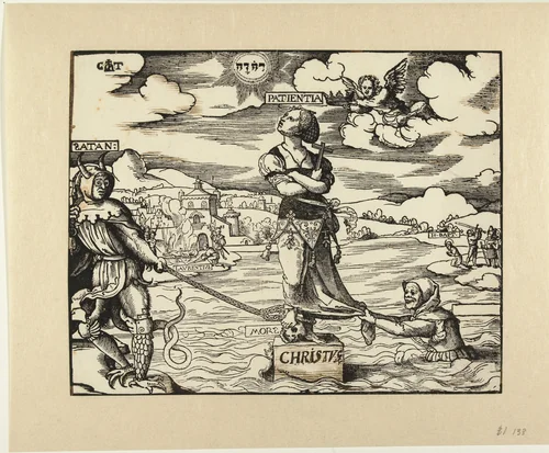 Geduld (Patientia) op een steen in het water by Unknown, print, 1507-1553