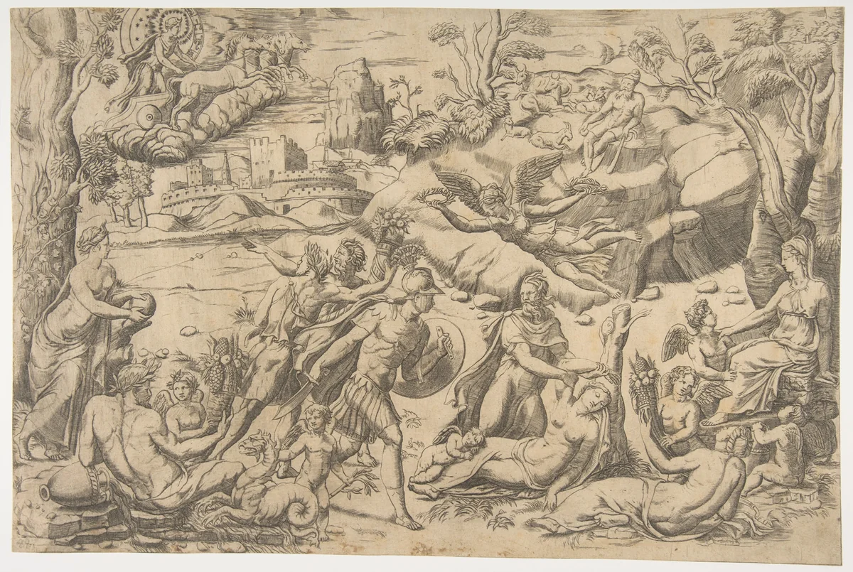 Mars and Rhea Silvia: in the centre Mars holds a shield and sword, Rhea Silvia sleeping, Apollo in his chariot upper left by Giulio Bonasone, print, 1520-1550
