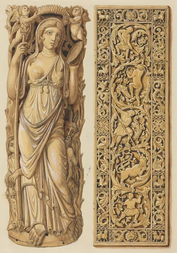 Renderings of an Ivory Carving of Ariadne from the 6th Century and an Ivory Plaque from the 9th Century by Herman Wilhelm Soltau, drawing, 1812-1861