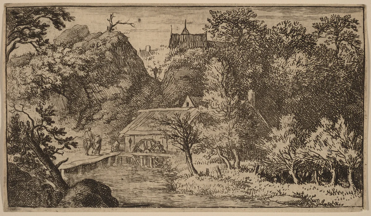 Water Mill at the Foot of a Mountain by Allart van Everdingen, print, 1645-1656