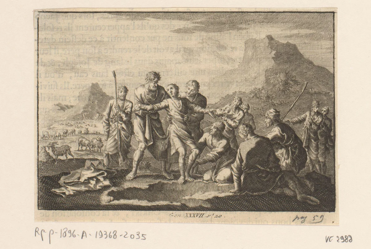Jozef wordt door zijn broers in de put gegooid by Jan Luyken, print, 1703-1762
