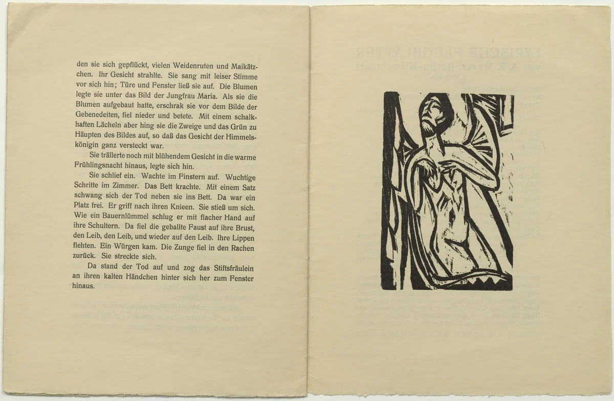 Dying Old Maid (Sterbendes altes Fräulein) (plate, inside back cover) from Das Stiftsfräulein und der Tod (The Canoness and Death) by Ernst Ludwig Kirchner, illustrated book, 1913