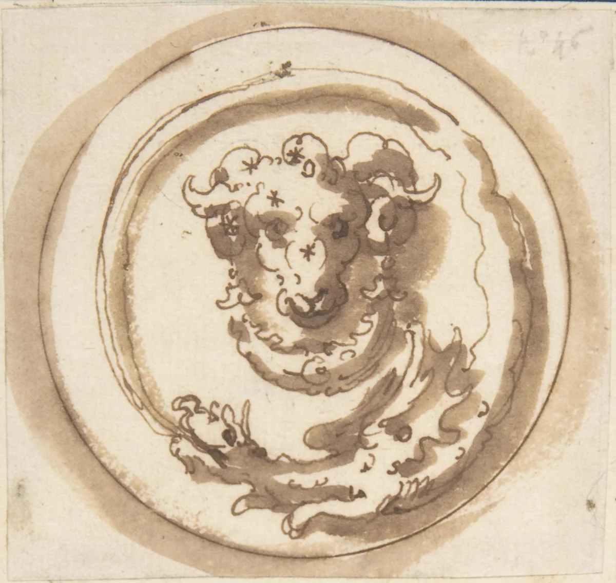 Heraldic Device: A Circular Design with a Ram's Head Framed by a Dragon Biting its Own Tail by anonymous, drawing, 1572-1585