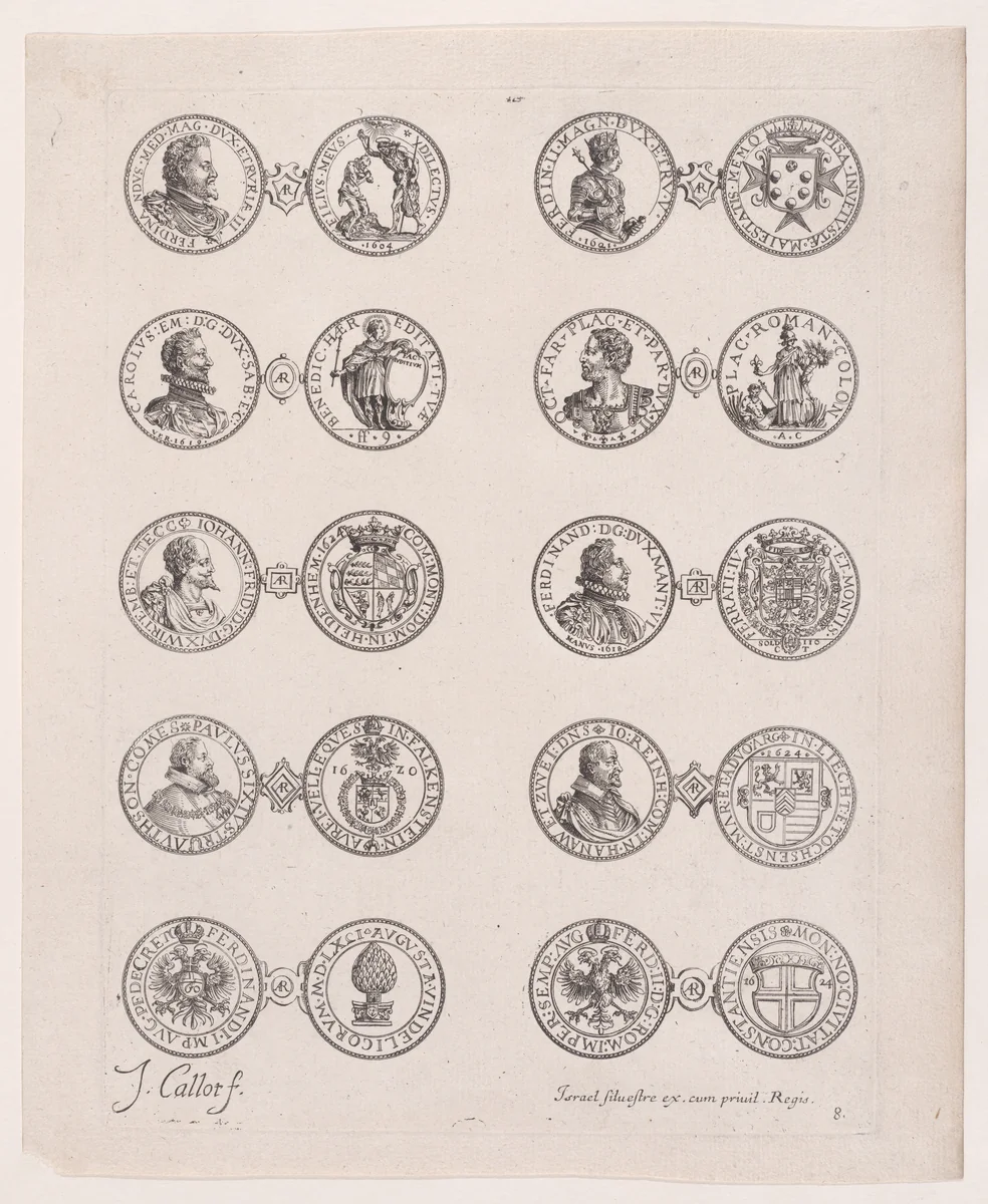 Plate 8, Featuring 10 Coins Issued by European Princes in the 16th and 17th centuries, from "Les Monnaies" (The Currencies) by Jacques Callot, print, 1625-1635