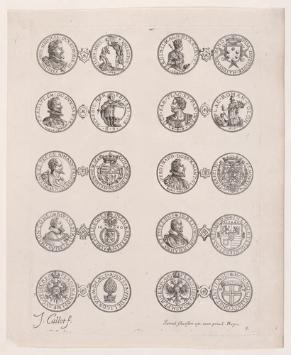 Plate 8, Featuring 10 Coins Issued by European Princes in the 16th and 17th centuries, from "Les Monnaies" (The Currencies) by Jacques Callot, print, 1625-1635