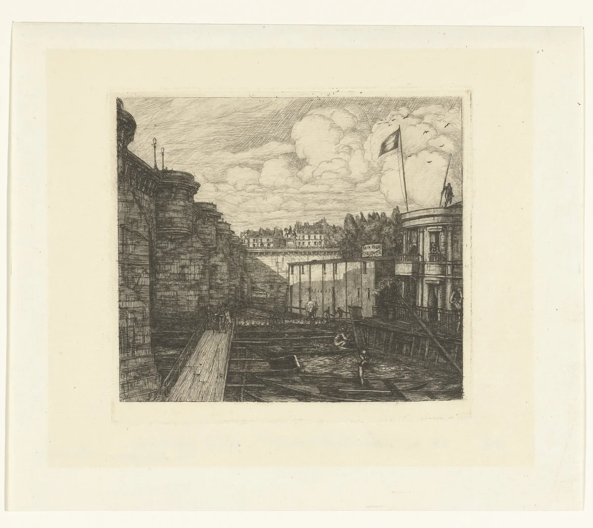 Koud-water badhuis van Chevrier in Parijs by Charles Meryon, print, 1864