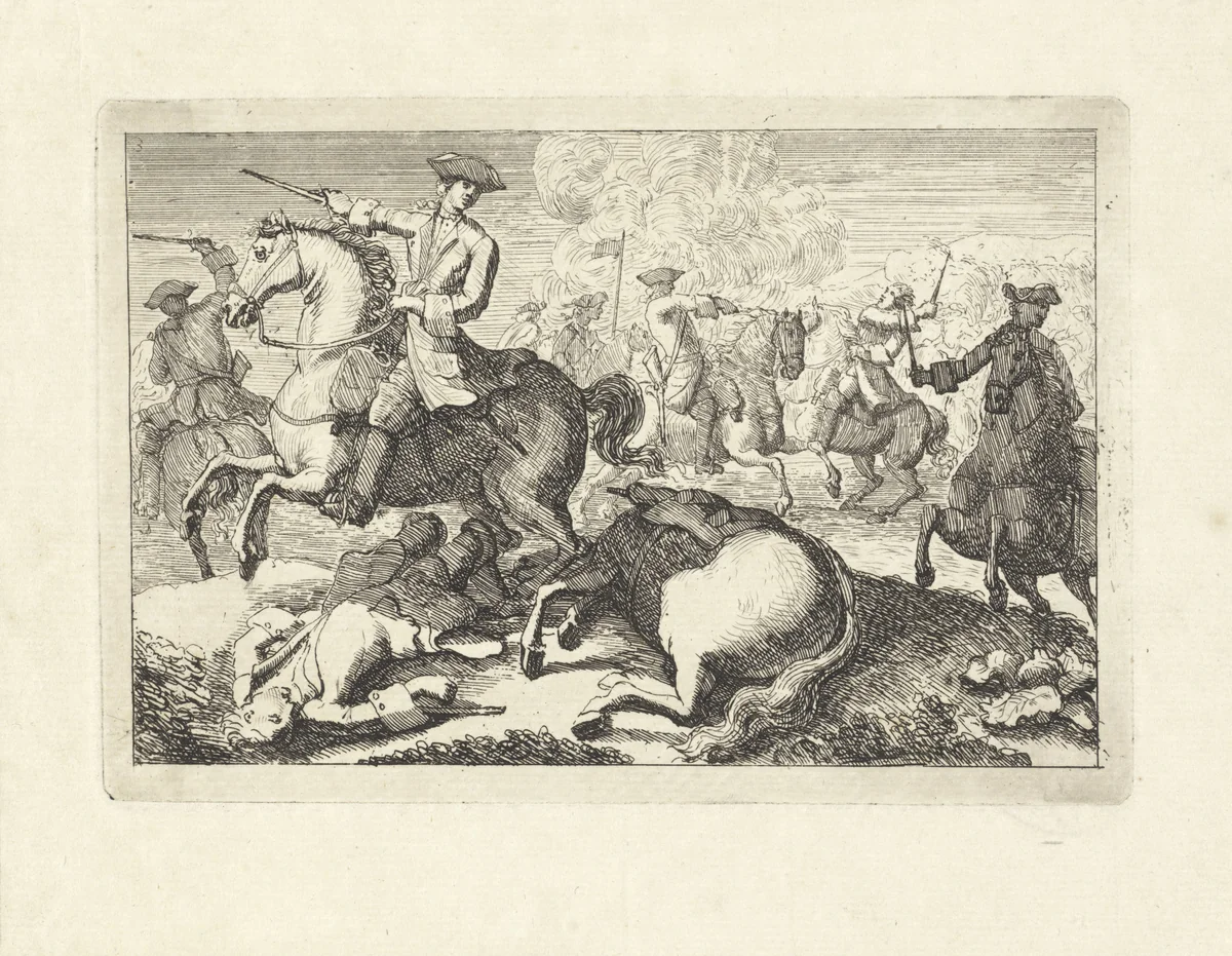 Cavaleriegevecht met op de voorgrond een gewonde ruiter en paard by Johannes Verhoek, print, 1700-1800
