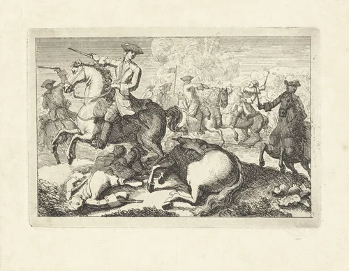 Cavaleriegevecht met op de voorgrond een gewonde ruiter en paard by Johannes Verhoek, print, 1700-1800