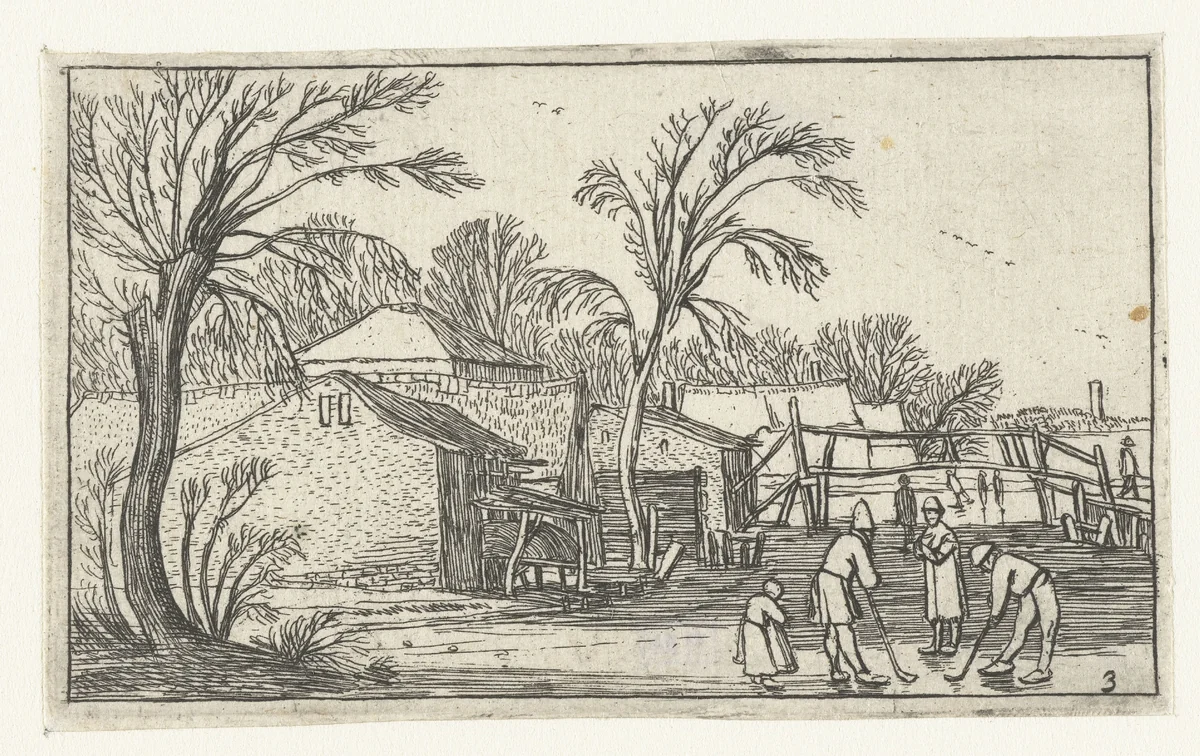 Schaatsers en kolfspelers op het ijs voor boerderijen by anonymous, print, 1610-1617