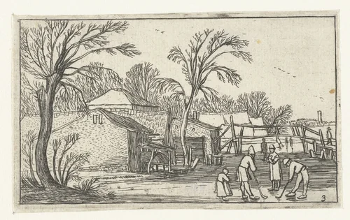 Schaatsers en kolfspelers op het ijs voor boerderijen by anonymous, print, 1610-1617